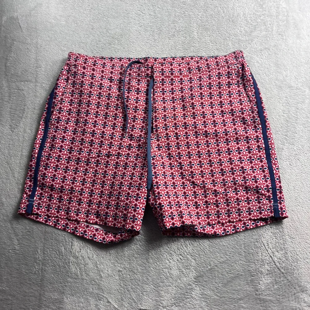 Fair Harbor Mens Swim Trunks Size 33 Red Blue Geometric Diamond Print Shorts